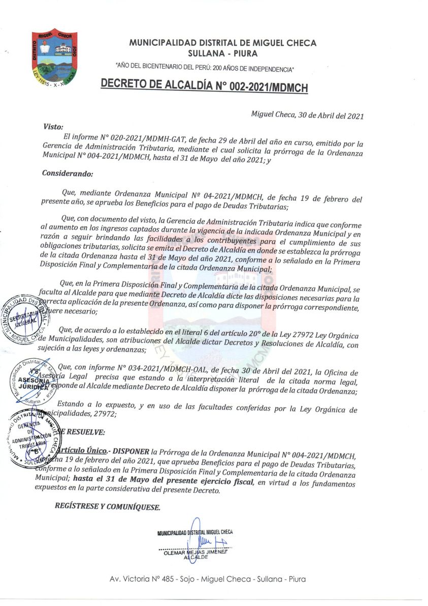 APRUEBAN AMPLIACIÓN DE ORDENANZA MUNICIPAL N 004 2021 MDMCH