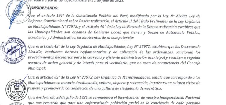 DECRETO DE ALCALDIA N° 006-2021-MDMCH/A 🇵🇪