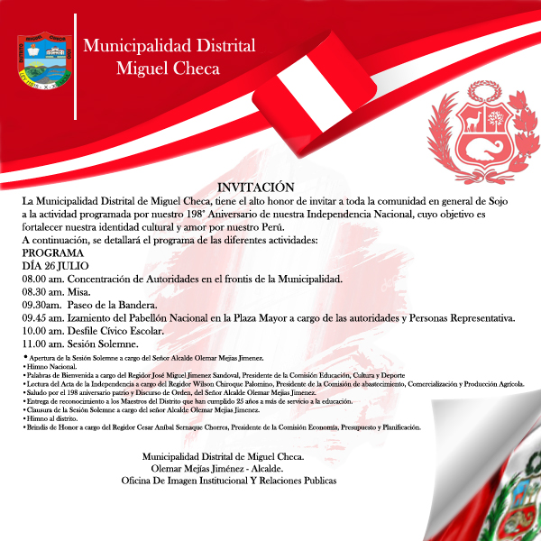INVITACION A DESFILE CIVICO ESCOLAR-FIESTAS PATRIAS 2019 – Municipalidad  Distrital de Miguel Checa