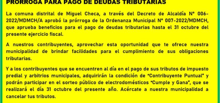 Municipalidad distrital de Miguel Checa aprueba prorroga para pago de deudas tributarias